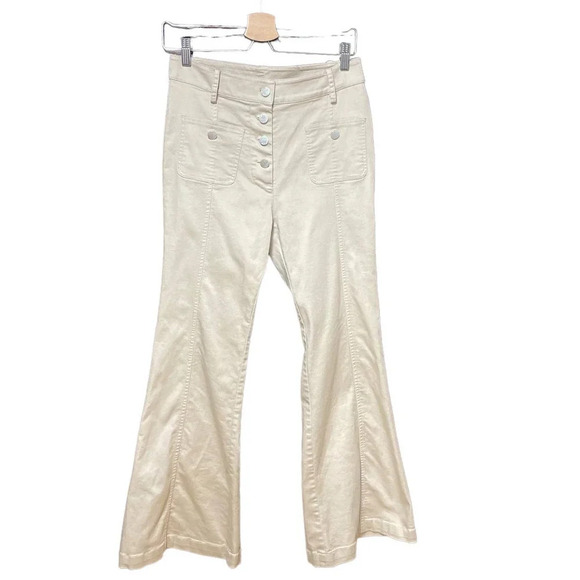 Alexis Helene Flared Stretch-Cotton Pants Button Denim Oyster Tan Size Medium - Picture 2 of 11